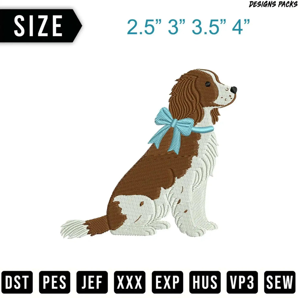 Cavalier King Charles Spaniel embroidery design with size options and file formats.