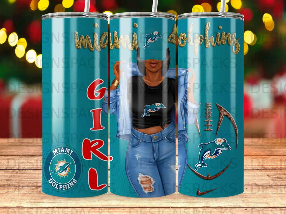 Miami Dolphins tumbler with a woman wearing denim and a team t-shirt.