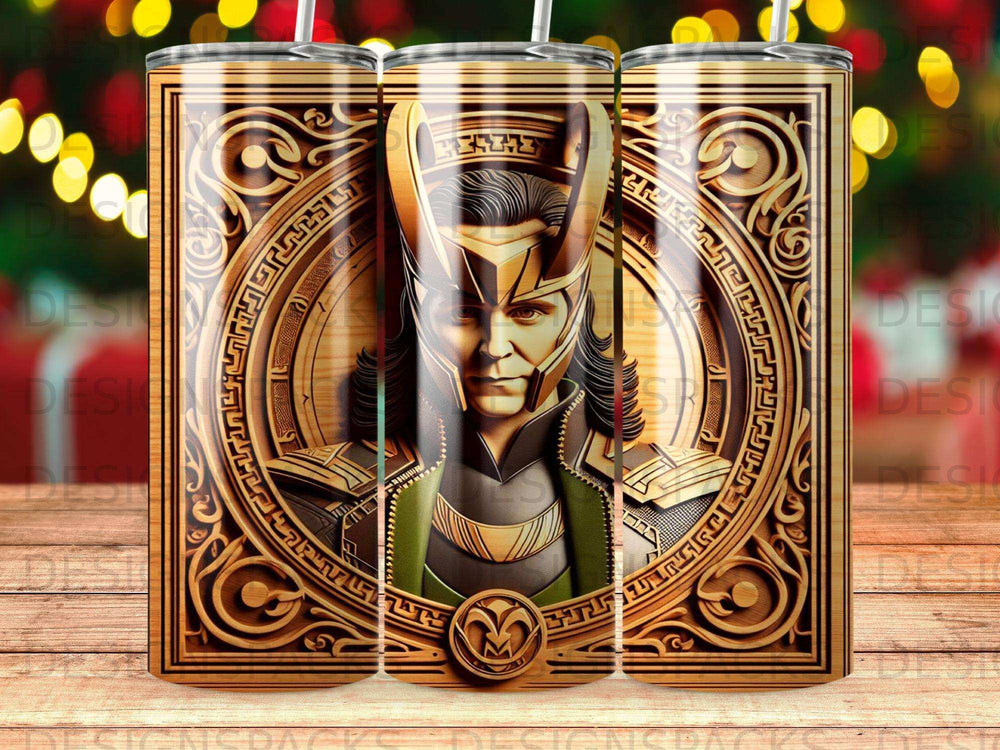 Loki character artwork with ornate wooden frame on a tumbler.