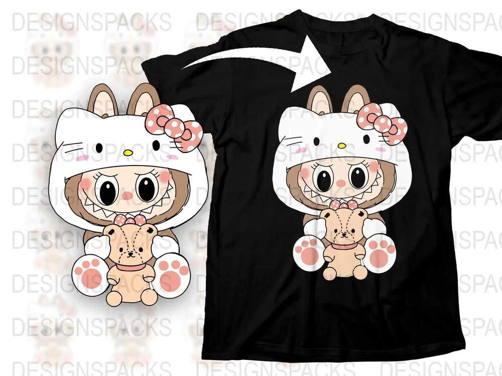 Cute Cartoon Rabbit Graphic T-Shirt, Kawaii Bunny Anime Design Tee, Unisex Black Cotton Shirt for All Ages