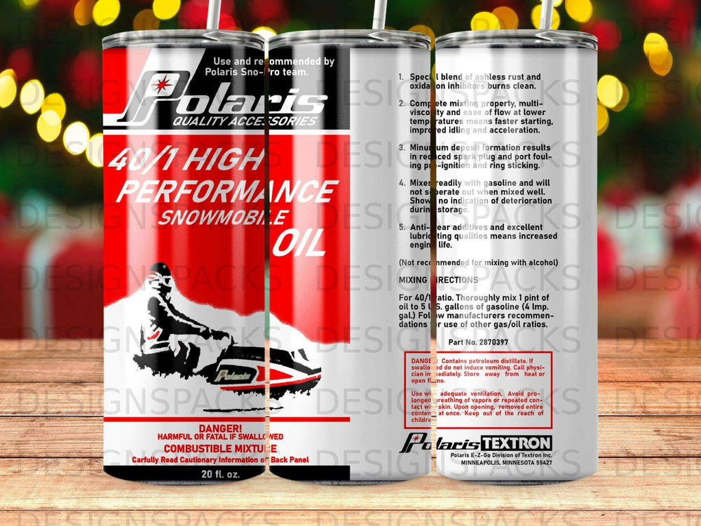 Polaris 40/1 High Performance Snowmobile Oil 20 fl. oz. bottle with safety warnings.