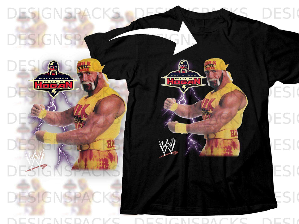 Black t-shirt featuring Hulk Hogan in wrestling pose with "HOLLYWOOD HOGAN" text.
