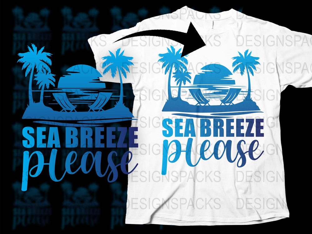 Sea Breeze Please T-Shirt, Tropical Palm Tree Summer Beach Graphic Tee, Unisex Vacation Clothing, Casual Wear White and Blue Shirt