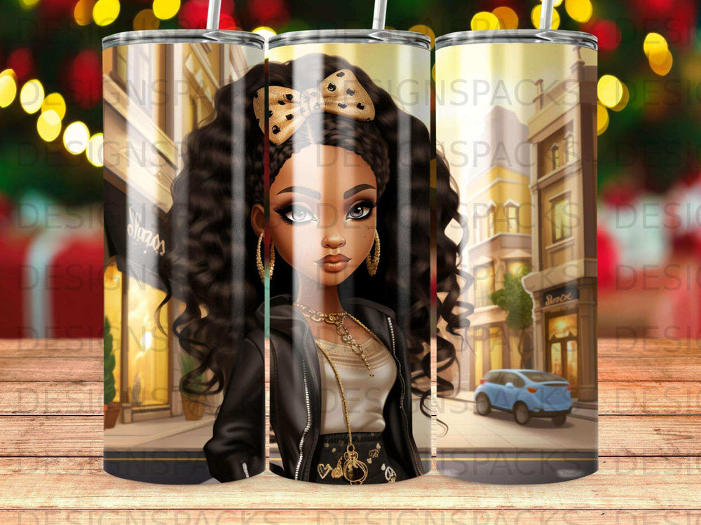 Illustration of a stylish woman with a bow in her hair, holding a cup, with a cityscape background.