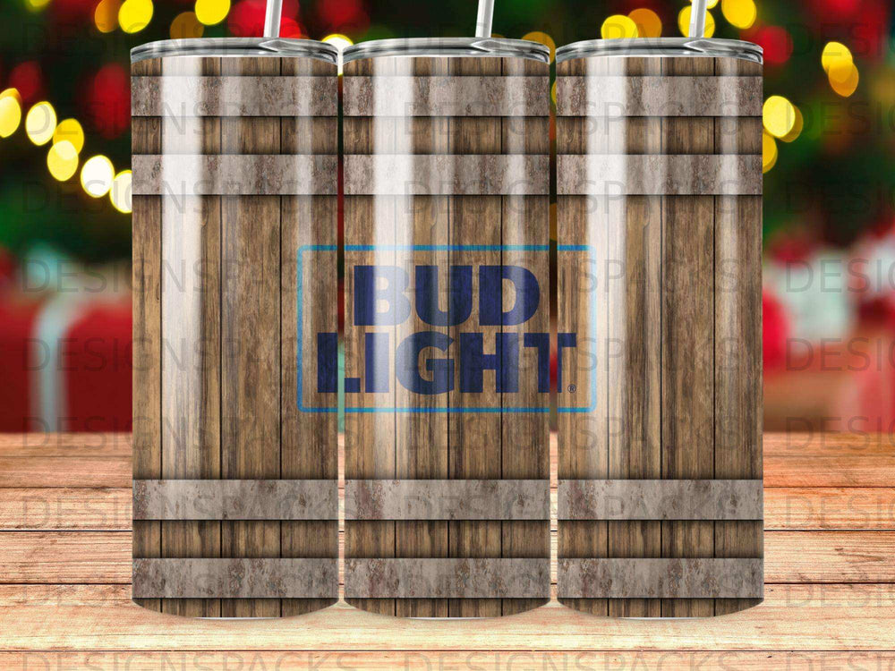 Bud Light logo on a wood-grain tumbler with metal bands.