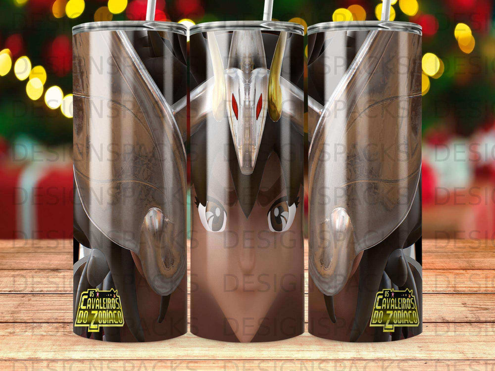 Tumbler with Knights of the Zodiac Pegasus Seiya design and logo.