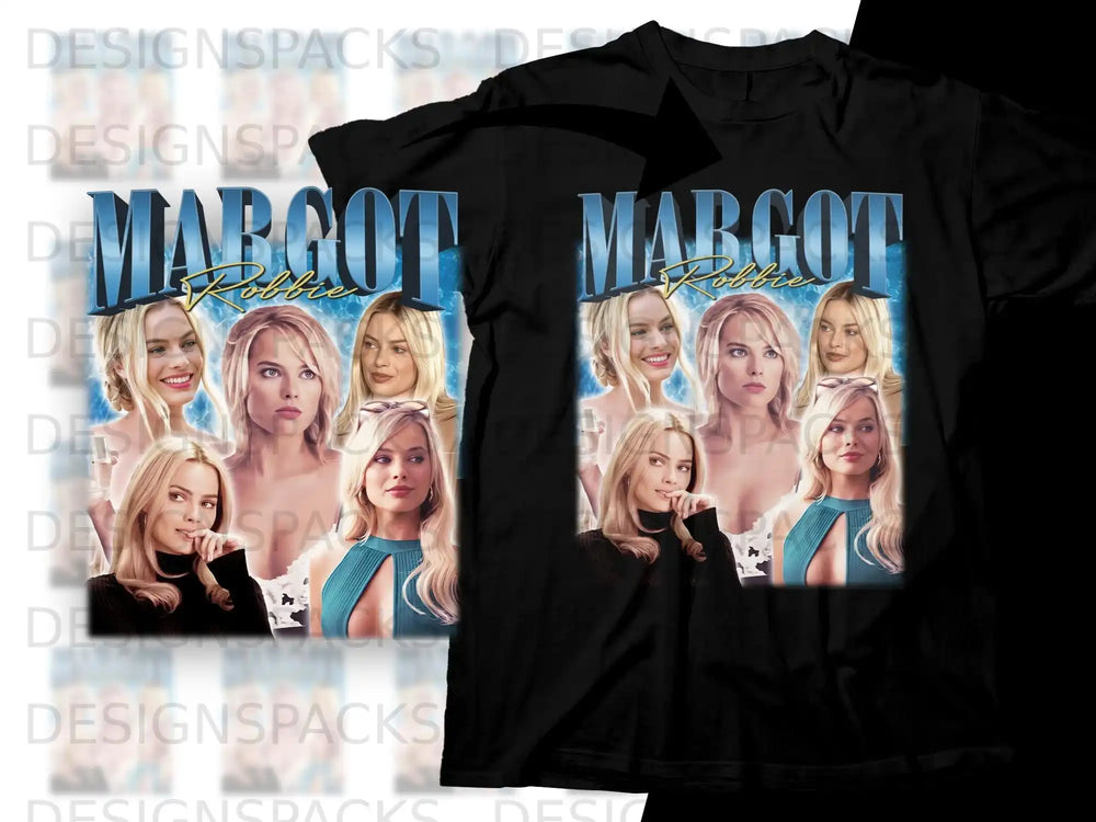 Margot Robbie collage on black t-shirt.