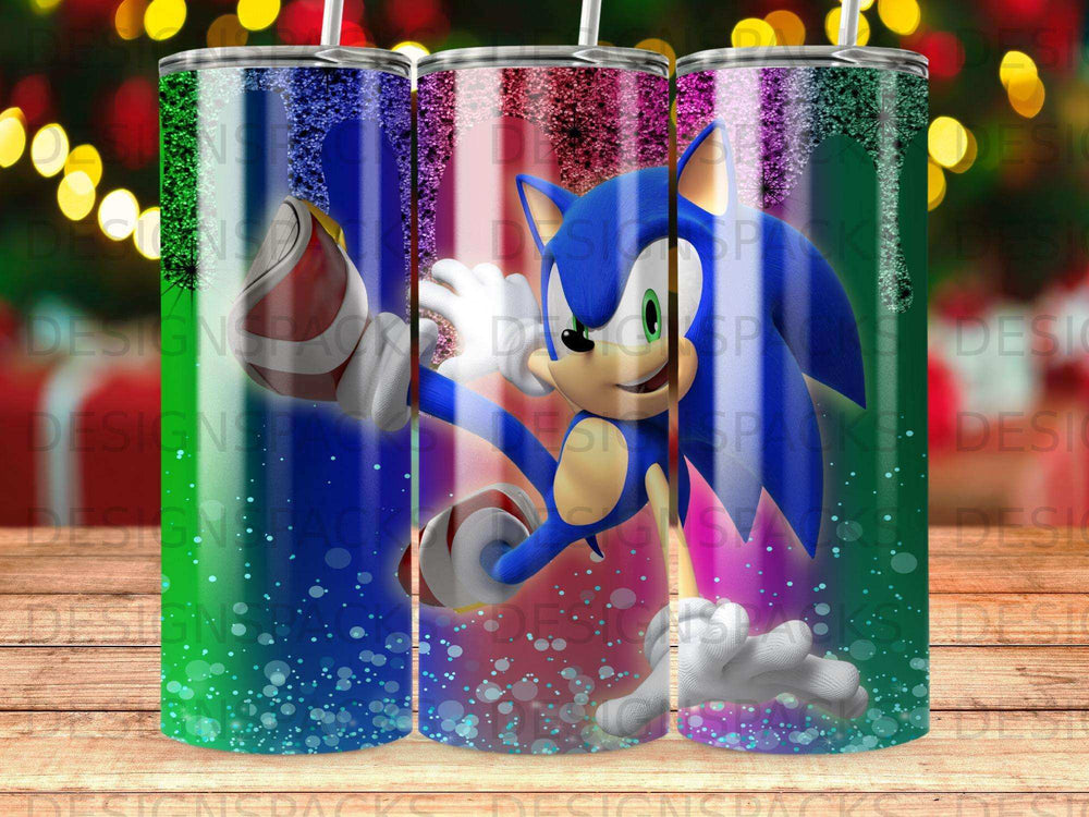 Sonic the Hedgehog jumping with colorful, glittery background.
