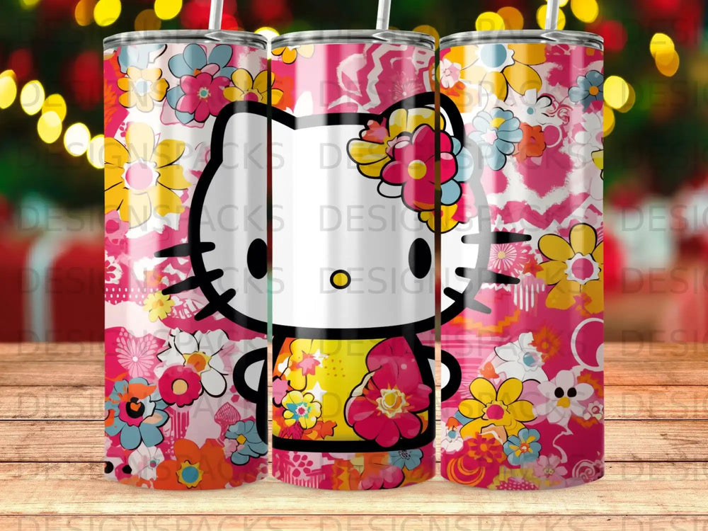 Hello Kitty with floral pattern on a pink tumbler.