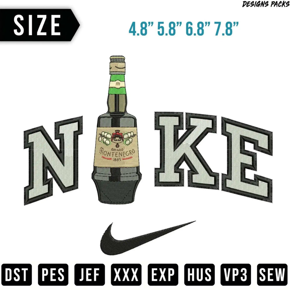 Amaro Montenegro bottle embroidered with Nike logo and size options.
