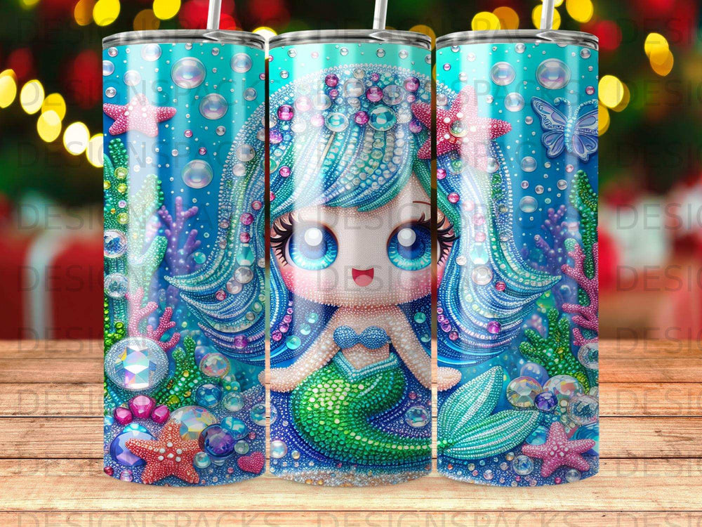 Cartoon mermaid with blue hair and a green tail, surrounded by starfish and bubbles.