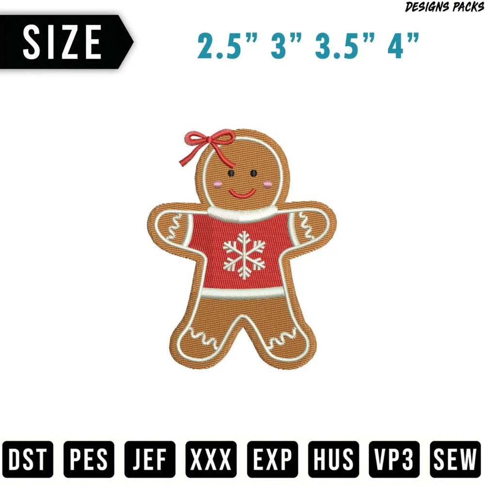 Gingerbread man embroidery design with snowflake shirt and bow.