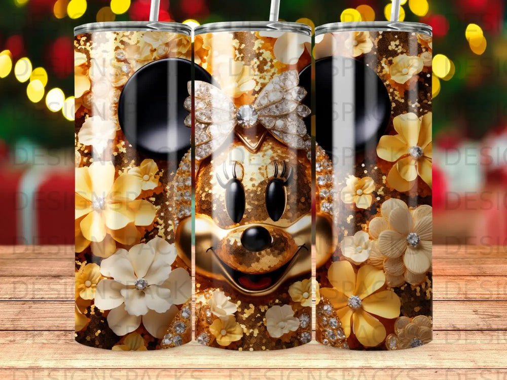 Minnie Mouse tumbler with gold sequins and floral accents.