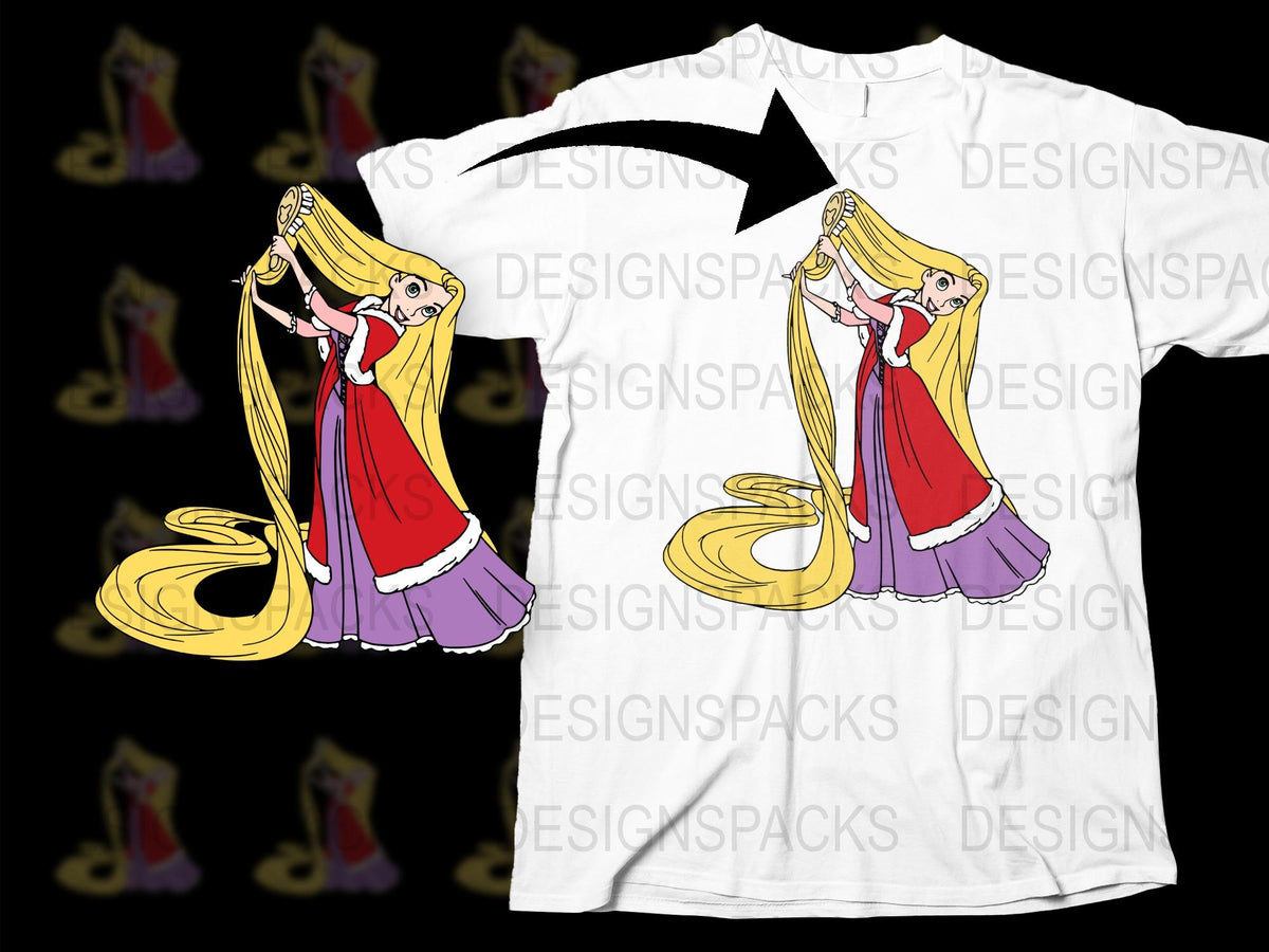 Kids Fairy Tale Princess T-Shirt, Long Hair Cartoon Character, Red Dress, Youth Tee