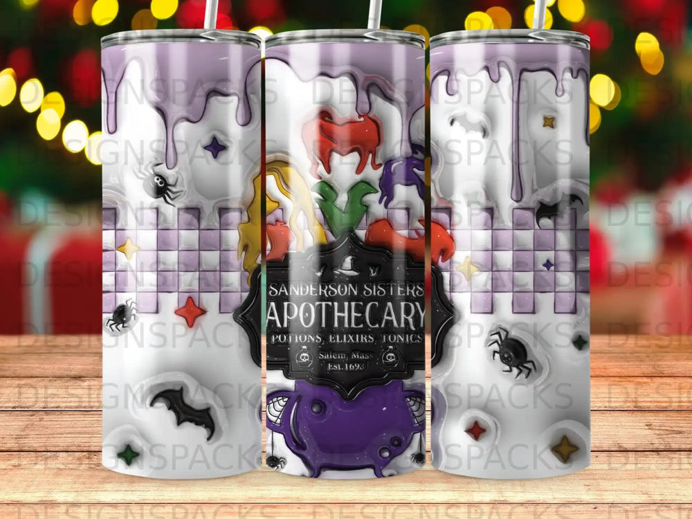 Sanderson Sisters Apothecary label with potions and cauldron on a purple tumbler.