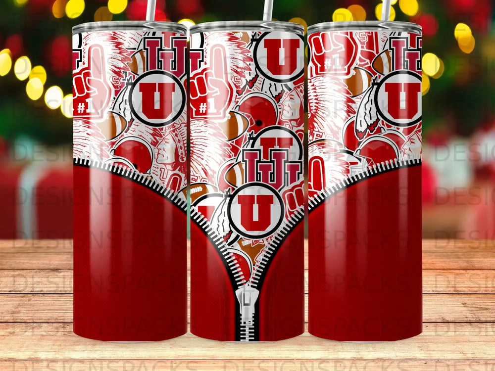 Red and white tumbler with University of Utah Utes football team logos and graphics.