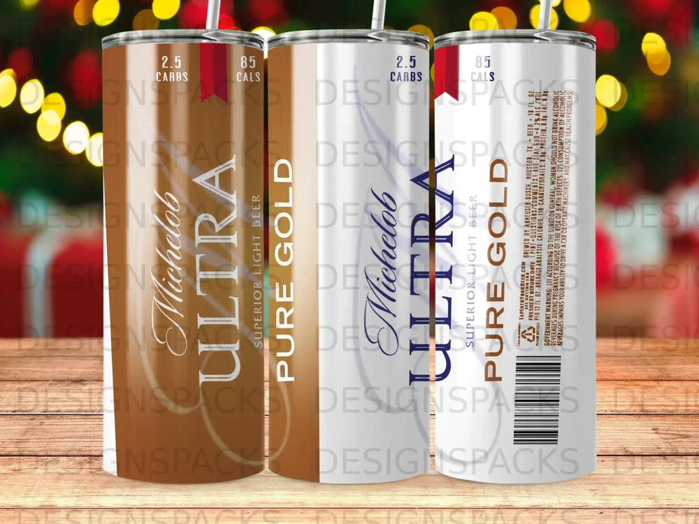 Three cans of Michelob Ultra Pure Gold light beer with "2.5 Carbs 85 Cals" visible.
