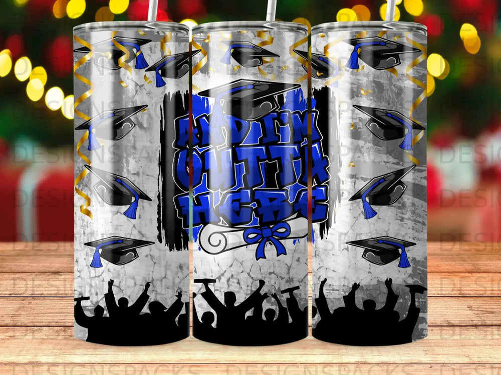 Graduation cap and diploma design on a tumbler with cheering crowd silhouette.