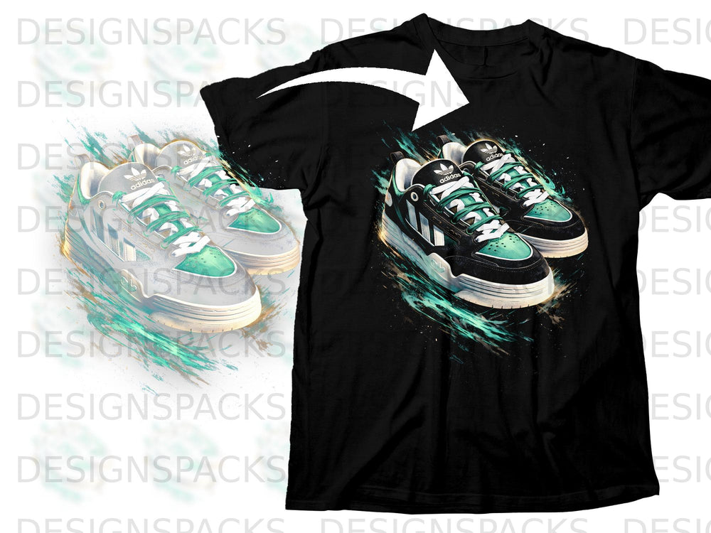 Black t-shirt with a graphic of black and green Adidas sneakers and a faded gray pair.