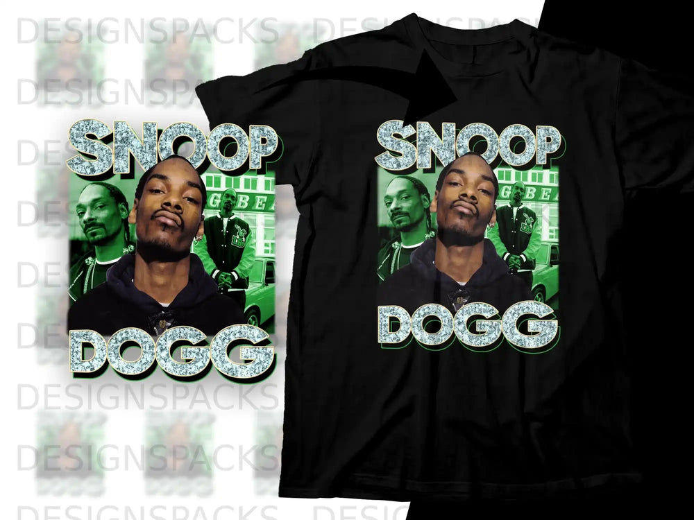 Snoop Dogg t-shirt design with "Snoop Dogg" text and a portrait of the artist.