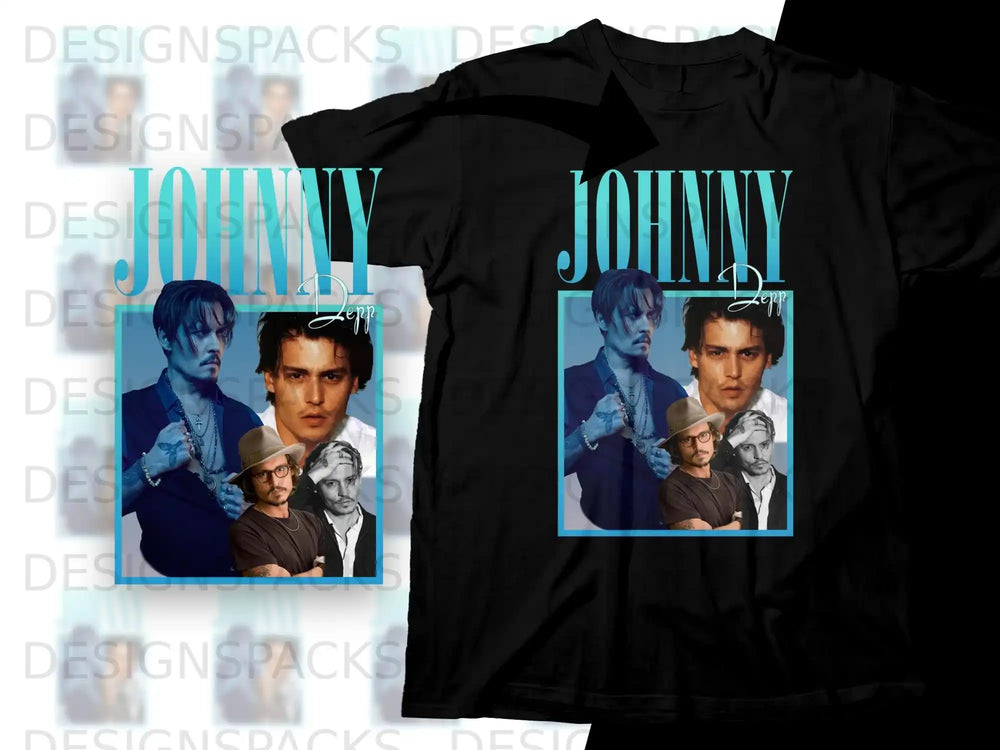 Johnny Depp collage t-shirt design with blue accents.
