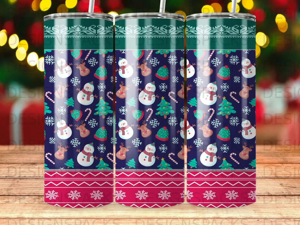 Three tumblers with a festive holiday pattern of snowmen, trees, snowflakes, and candy canes.