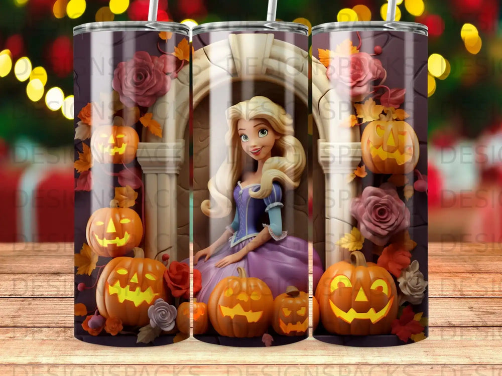 Princess Rapunzel with pumpkins and roses on a tumbler.