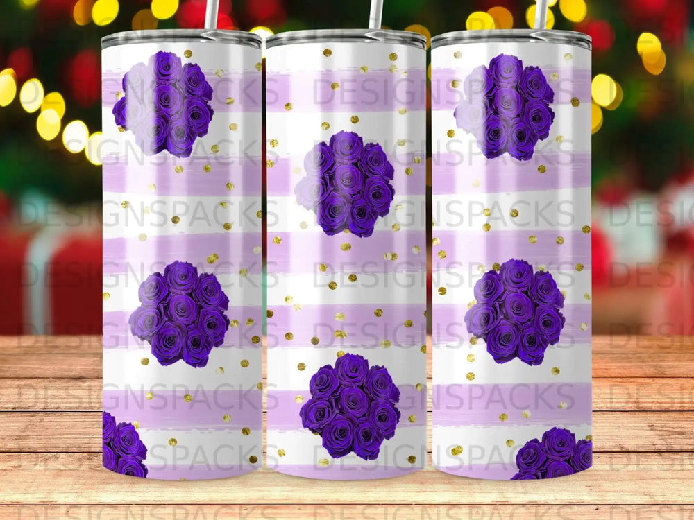 Purple floral stripes and gold polka dots pattern on a tumbler.