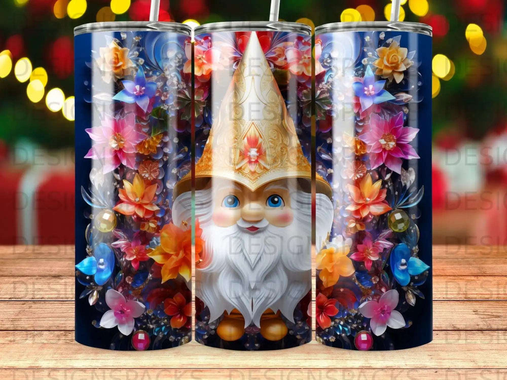 Gnome with ornate hat and colorful flowers on a blue background.