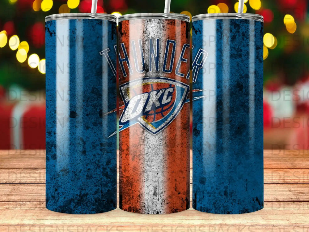 Oklahoma City Thunder basketball team logo on a grunge-textured tumbler.