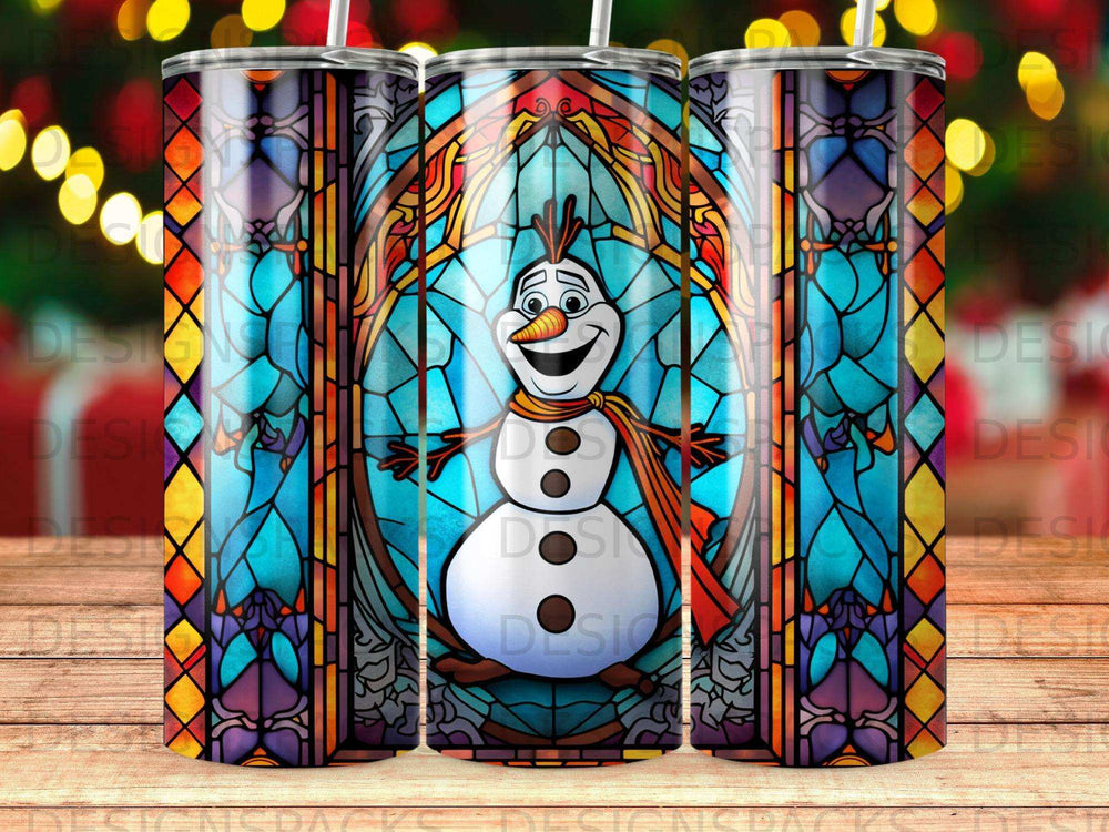 Olaf the snowman in stained glass design on a tumbler.