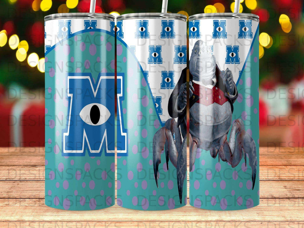 Sulley from Monsters, Inc. on a tumbler with a repeating "M" pattern.
