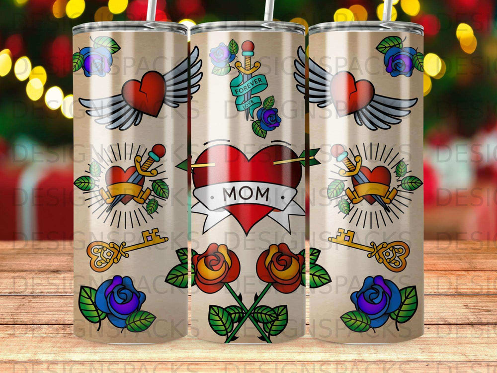 Tumbler featuring heart with wings, roses, keys, and "Mom" text.