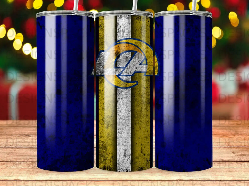 Los Angeles Rams logo on distressed gold and blue tumbler.