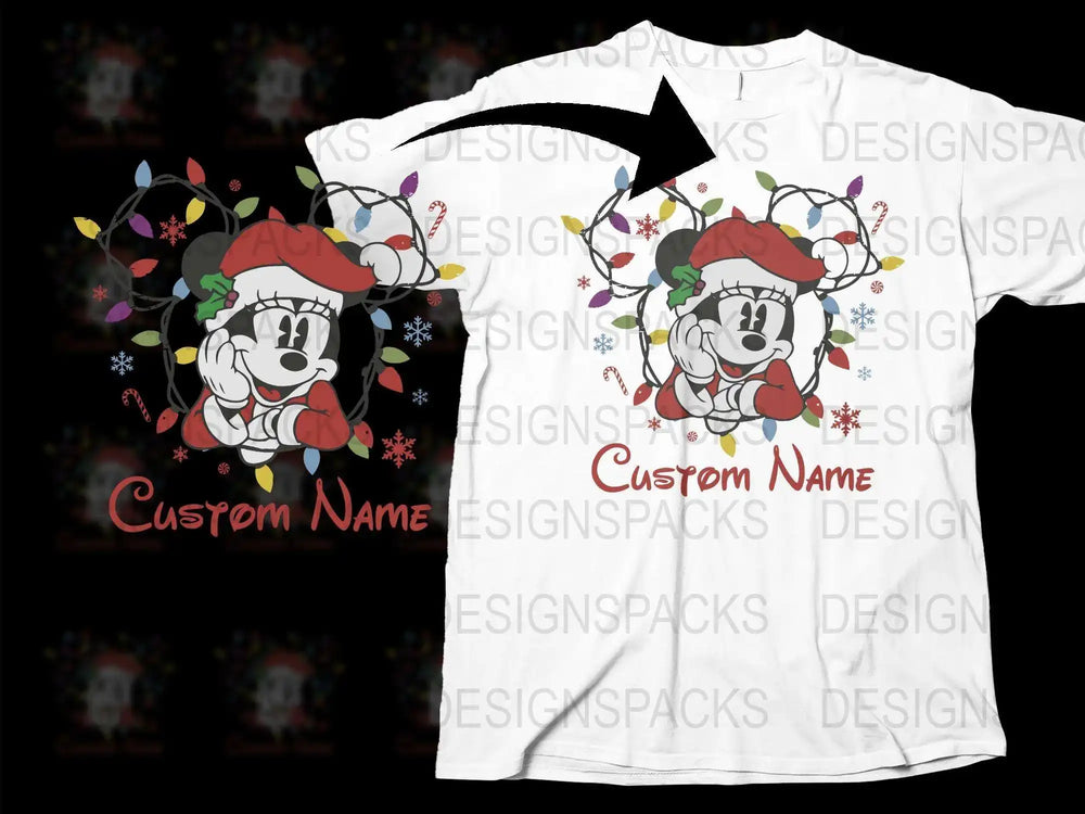 Personalized Mickey Christmas T-Shirt, Festive Holiday Custom Name Tee, Snowflakes and Santa Hat Graphic Design Shirt for Family