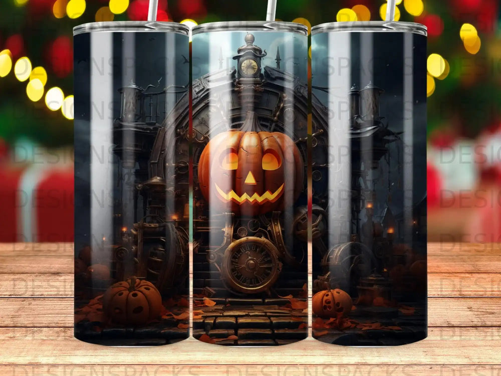 Steampunk Halloween tumbler with jack-o'-lantern and pumpkins.