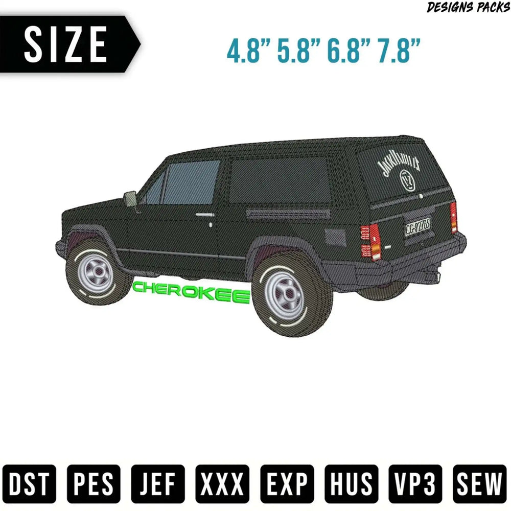 Embroidery design of a dark green Jeep Cherokee with size options and file formats.