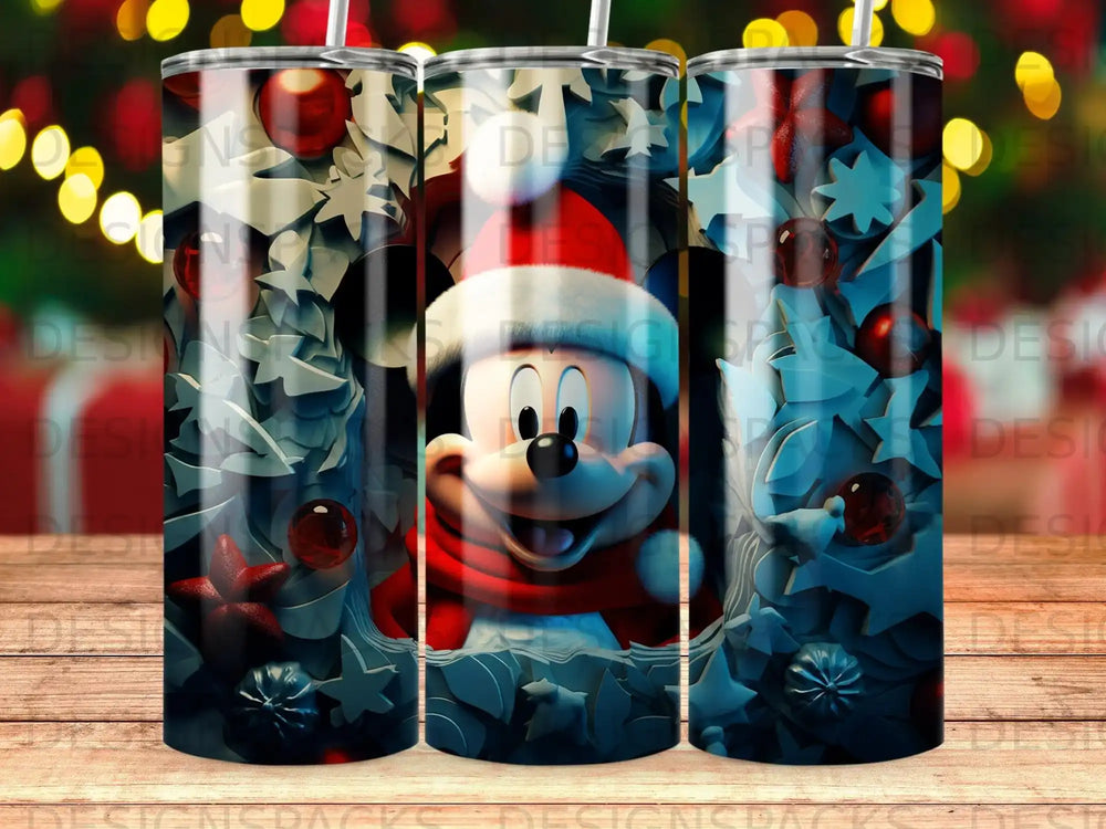 Mickey Mouse in Santa hat surrounded by festive stars and ornaments.