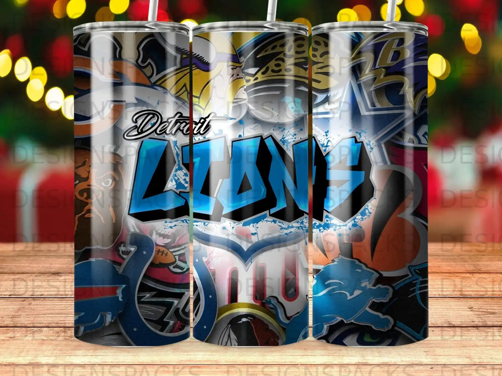 Tumbler design with "Lions" text and sports team logos.