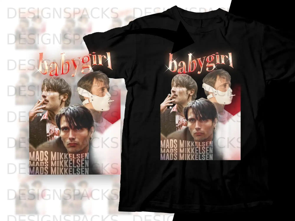 Black t-shirt with "babygirl" text and Mads Mikkelsen collage.