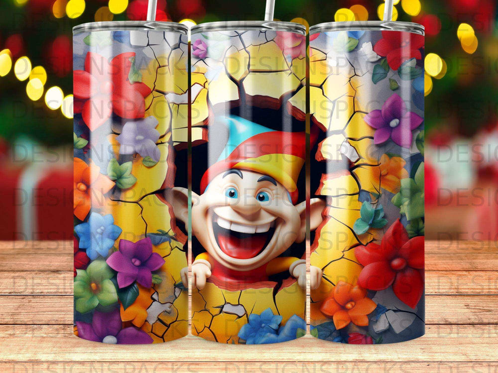 Elf peeking through cracked wall surrounded by colorful flowers and bright lights.