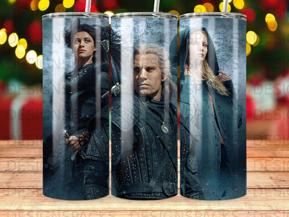 The Witcher Geralt, Yennefer, and Ciri on a patterned tumbler.