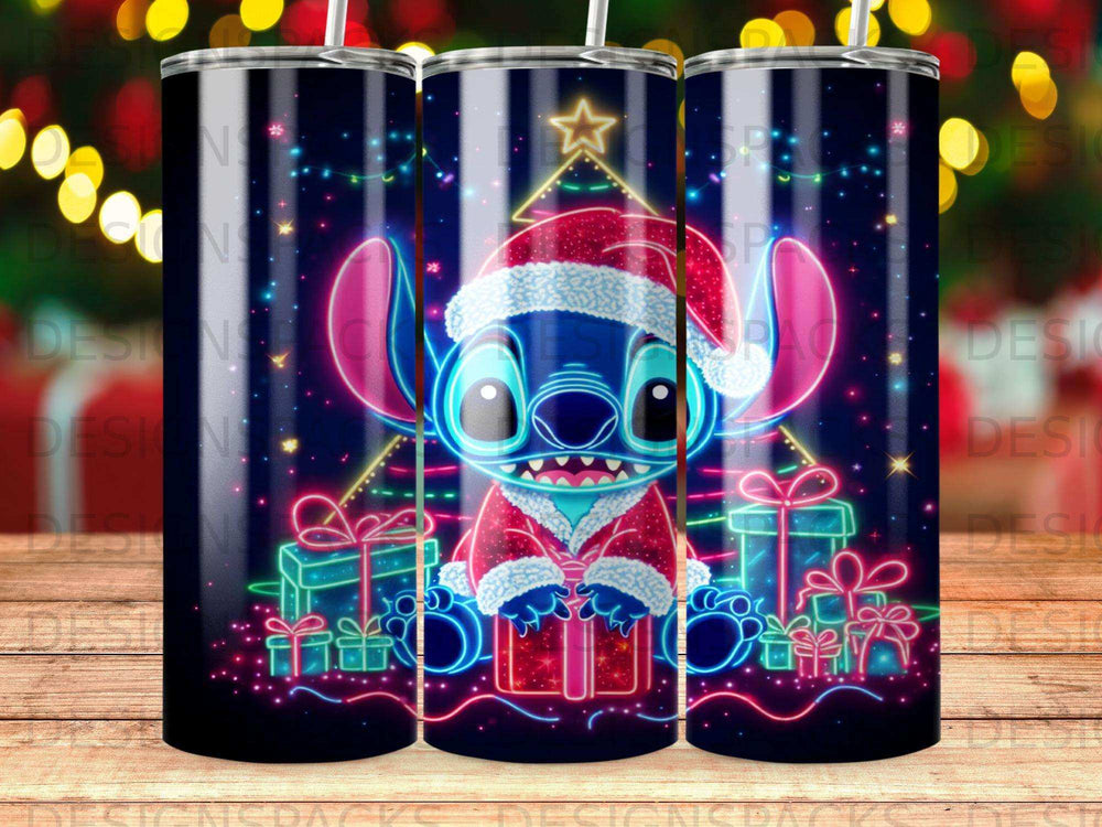 Stitch in Santa hat and robe with presents and festive lights.