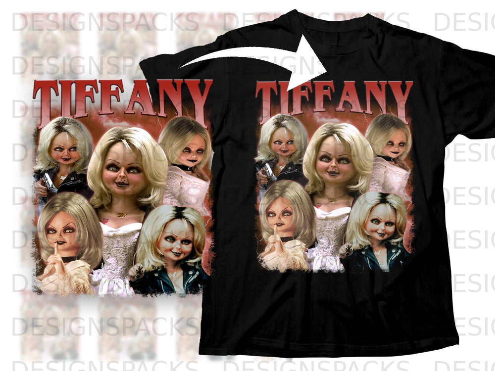 Black t-shirt with "Tiffany" text and multiple images of Tiffany doll from Child's Play.
