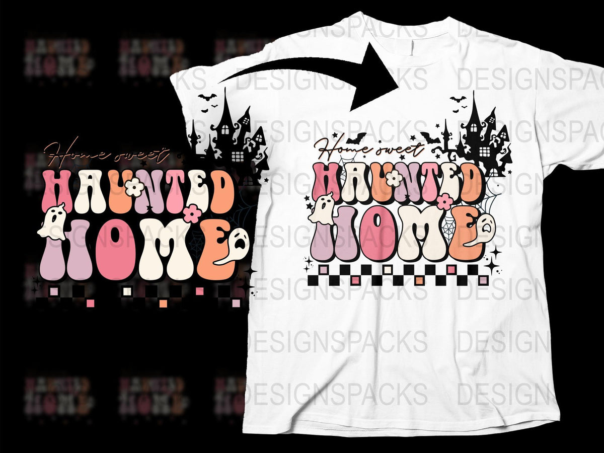 Haunted Home Cute Ghosts and Cats Halloween T-Shirt, Spooky Graphic Tee, Fall Season Fashion, Casual Witchy Clothing