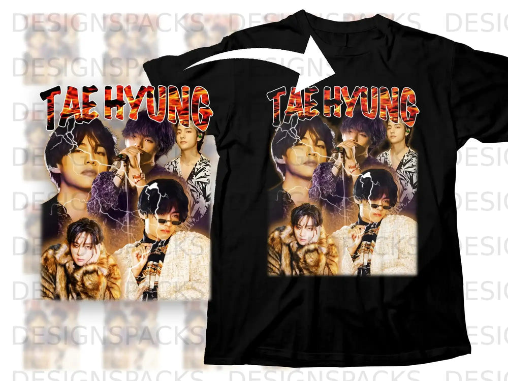 Black t-shirt with a collage of Taehyung images and "TAEHYUNG" text.