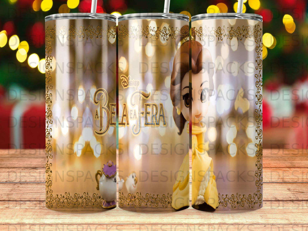 Beauty and the Beast character Belle with rose and castle design on tumbler.
