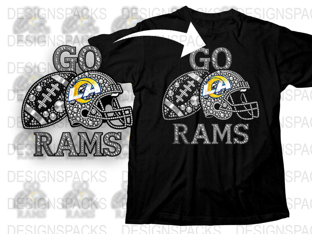 Go Rams Rhinestone T-Shirt, Football Fan Gear, Sparkly Sports Apparel, Black Graphic Tee