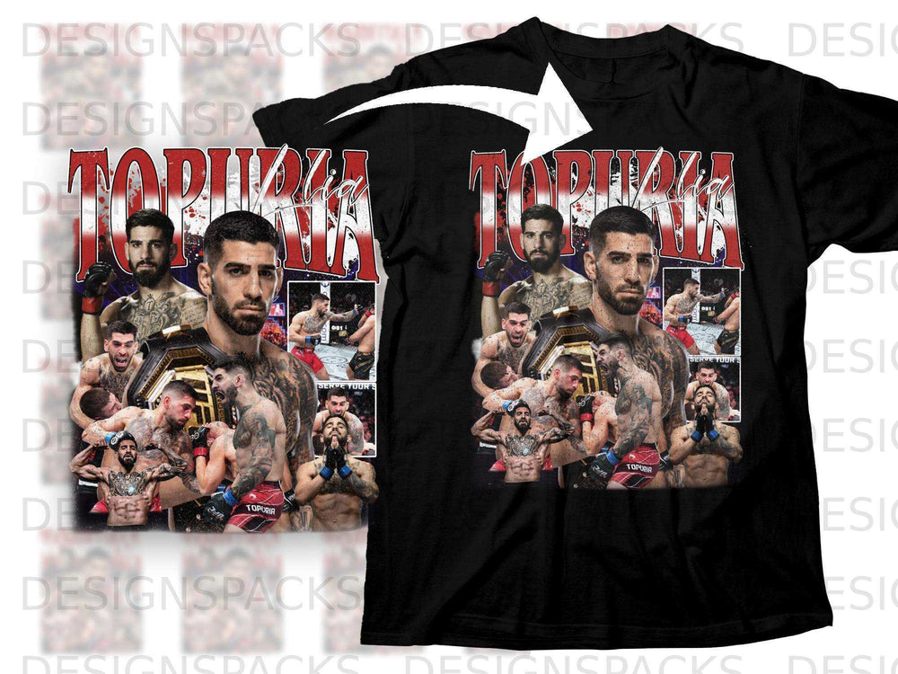 Black t-shirt featuring fighter Ilia Topuria with championship belt and other images.