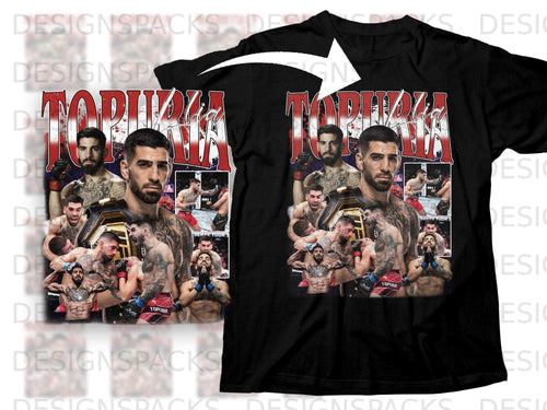 Black t-shirt featuring fighter Ilia Topuria with championship belt and other images.